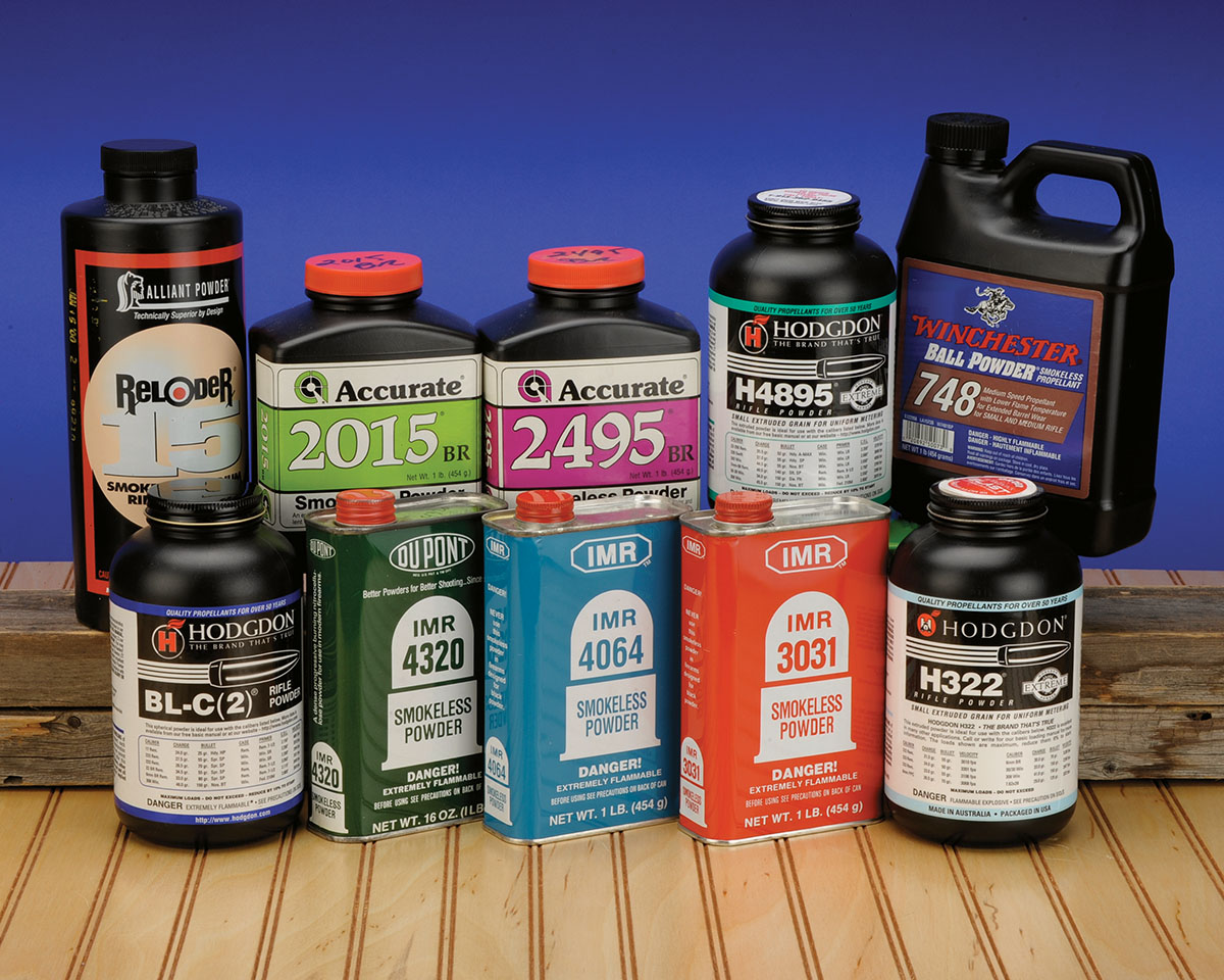 The list of powders used to test 225 Winchester handloads was extensive and included those pictured above.